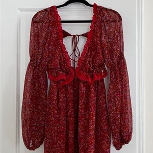 Free People Red Floral Ruffle Dress